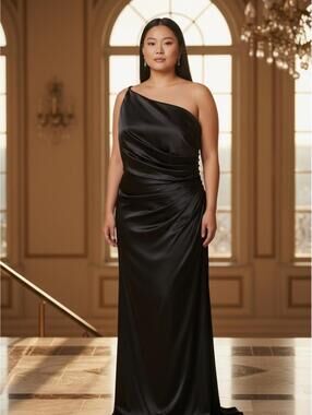 Galina Signature Black Satin One-Shoulder Formal Gown Size 18